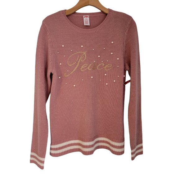 Holiday‎ Soft Pink Embellished Pearls PEACE Christmas Sweater Sz S NWT - Picture 1 of 10